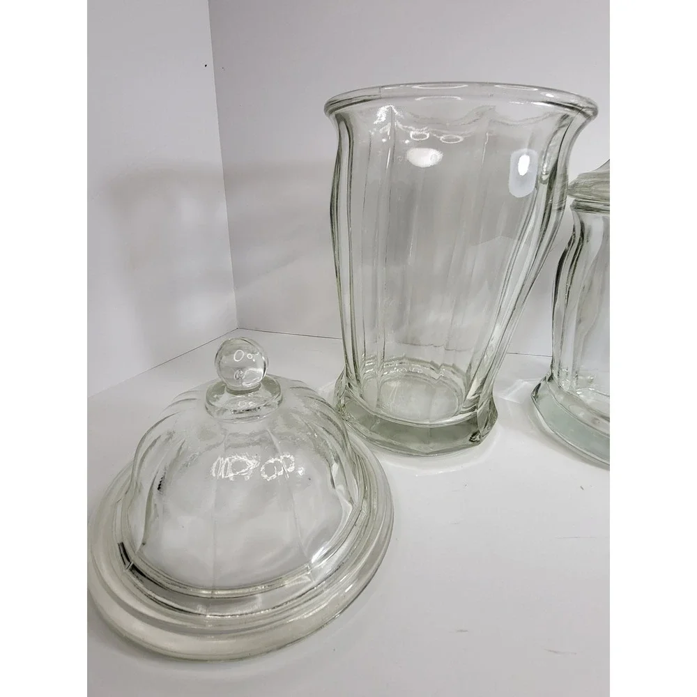 Vintage Style Clear Glass Apothecary Jars with Lids Set of 2 Paneled Canisters